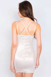 Champagne Satin Mesh Cut-Out Floral Lace Trim Slip Mini Dress