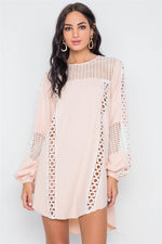 Nude Pink Crochet Trim Long Sleeve Tunic Dress