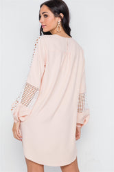Nude Pink Crochet Trim Long Sleeve Tunic Dress