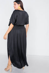 Plus Size Black V-Neck Satin Kimono Sleeve Maxi Dress /2-2-2