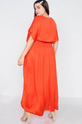 Plus Size Coral V-Neck Satin Kimono Sleeve Maxi Dress