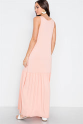 Pink Basic Shirred Hem Front Slit Maxi Dress