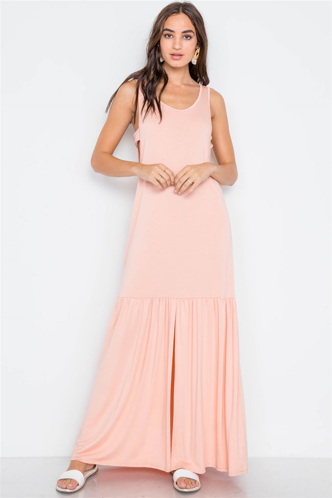 Pink Basic Shirred Hem Front Slit Maxi Dress