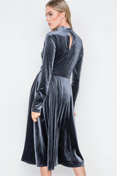 Charcoal Velvet Long Sleeve A-Line Midi Evening Dress