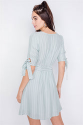 Mint & White Stripe Casual Office Chic 3/4 Bow Sleeve Mini Dress