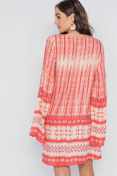 Coral Geo Print Long Slit Sleeves Boho Tunic Dress