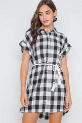 Black White Gingham Button Down Shirt Dress