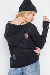 Black Knit Distressed Hooded Button-Front Sweater - Medium