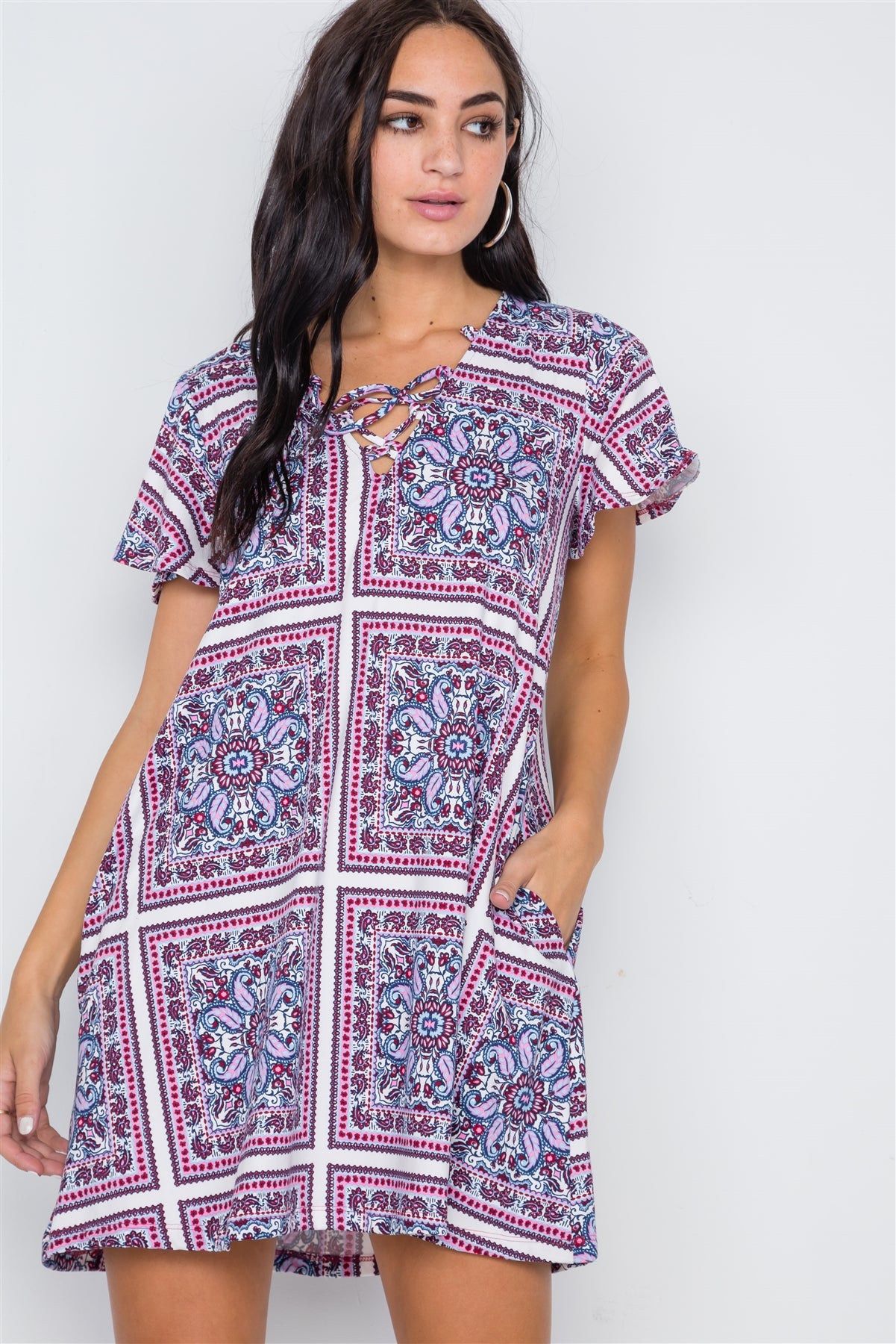 White Pink Paisley Print Short Sleeve Lace Up Dress