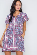 White Pink Paisley Print Short Sleeve Lace Up Dress