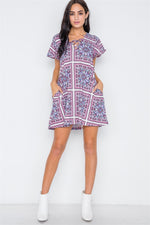 White Pink Paisley Print Short Sleeve Lace Up Dress