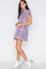 White Pink Paisley Print Short Sleeve Lace Up Dress