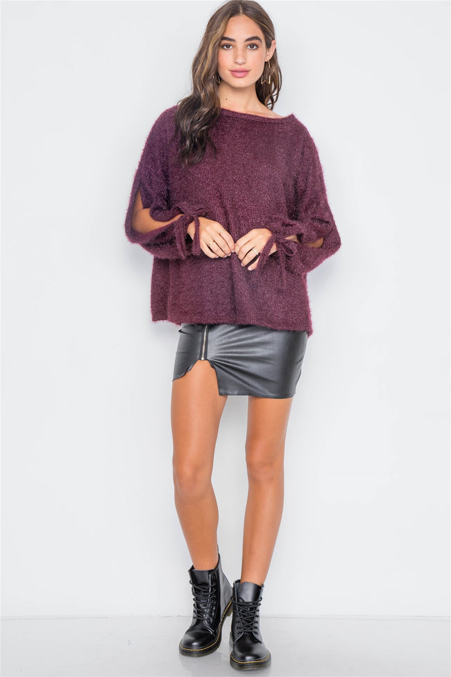 Violet Fuzzy Slit Sleeves Casual Soft Sweater