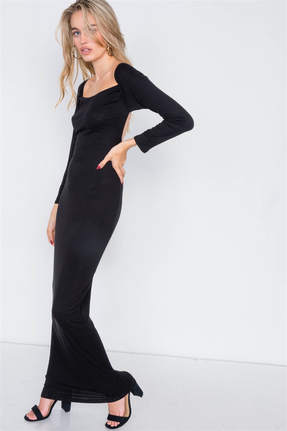 Black Open-Back Ribbed Black Maxi Dress