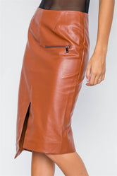 Camel Vegan Leather High-Waist Asymmetrical Hem Skirt