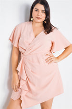 Plus Size Blush Short Kimono Sleeve Satin V-Neck  Mini Dress