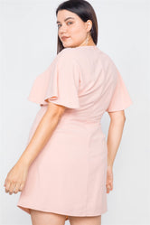 Plus Size Blush Short Kimono Sleeve Satin V-Neck Mini Dress