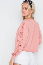 Peach Crew Neck Long Sleeve Ruffle Sweater