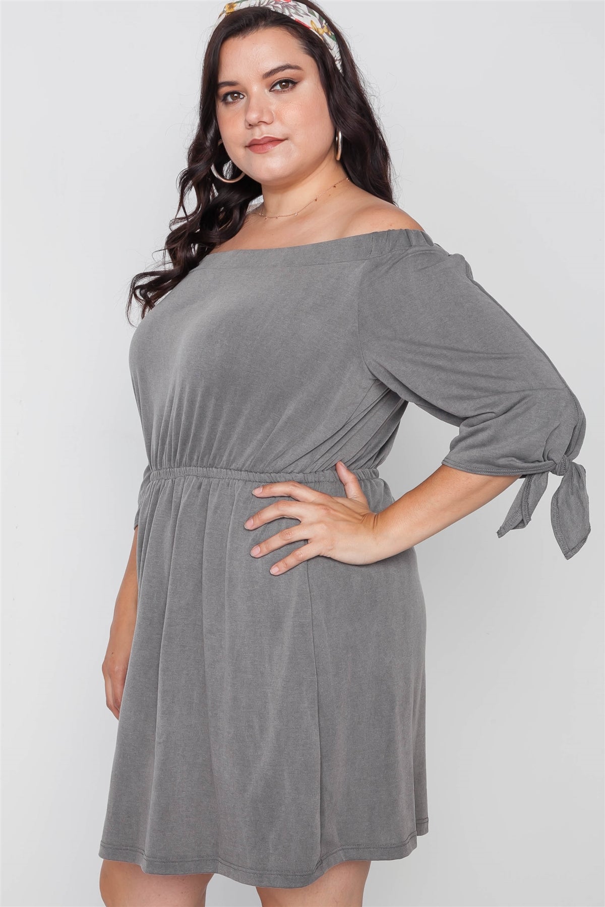 Plus Size Grey Off The Shoulder Basic Mini Dress