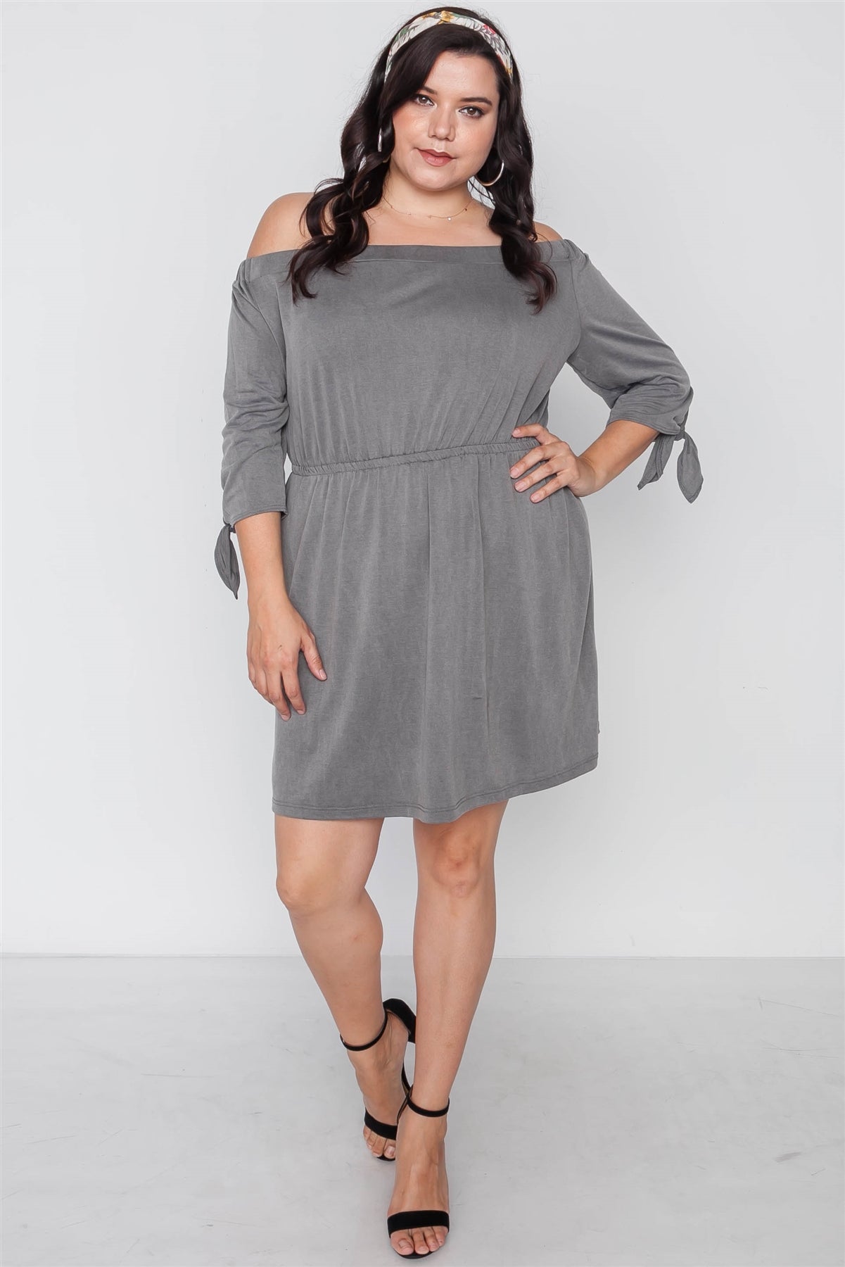 Plus Size Grey Off The Shoulder Basic Mini Dress