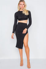 Black Knit Ribbed Two Piece Crop Top Skirt Set