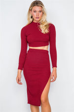 Red Knit Ribbed Two Piece Crop Top Skirt Set
