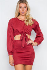 Wine Faux Suede Two Piece Crop Top Mini Skirt Set