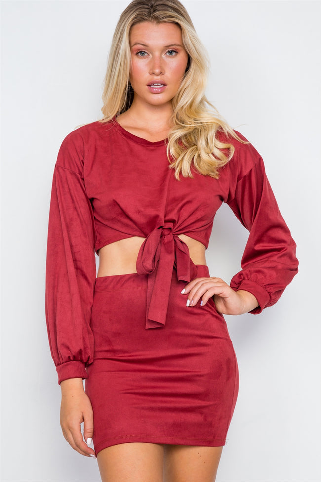 Wine Faux Suede Two Piece Crop Top Mini Skirt Set