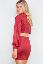 Wine Faux Suede Two Piece Crop Top Mini Skirt Set