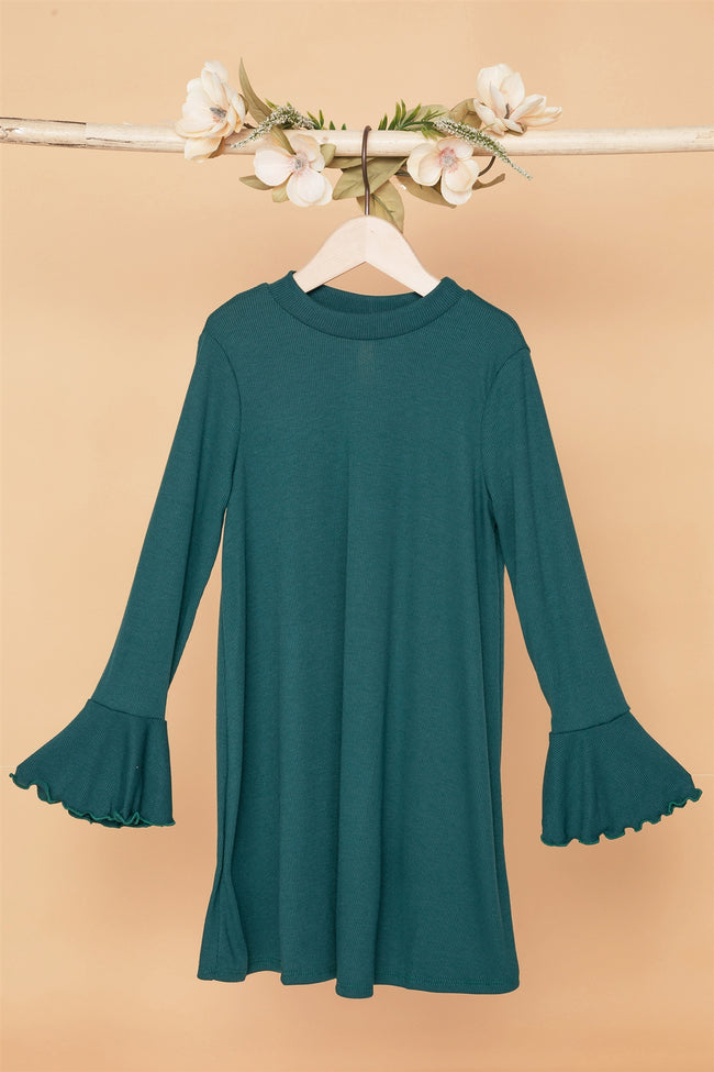 Girls Green Ribbed Long Sleeve Sweater Dress