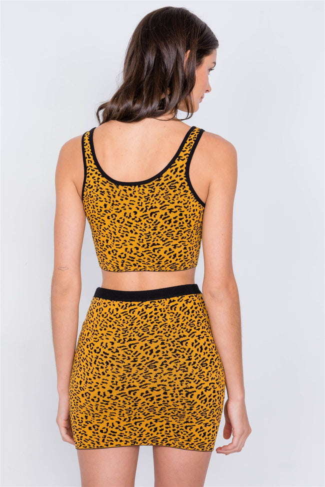 Mustard Black Leopard Print Crop Tank Top & Mini Skirt Set