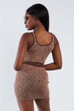 Taupe Brown Leopard Print Crop Tank Top & Mini Skirt Set