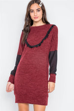 Burgundy Mash Detail Mini Sweater Dress