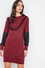 Burgundy Mash Detail Mini Sweater Dress