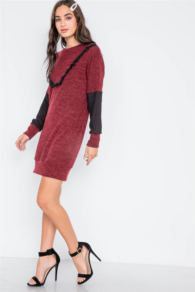 Burgundy Mash Detail Mini Sweater Dress