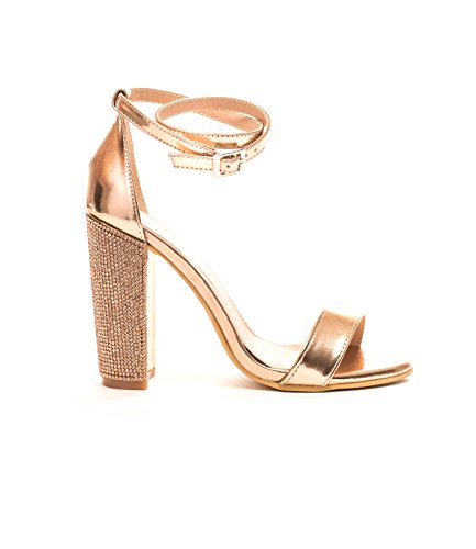 Women's Embellished Metallic Block Ankle Strap Heel