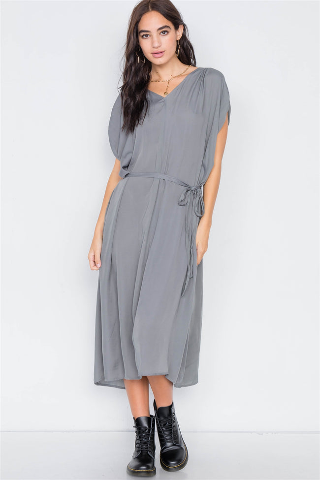 Olive Grey Satin High-Low Midi Dress