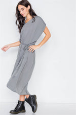 Olive Grey Satin High-Low Midi Dress