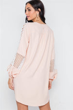 Nude Pink Crochet Trim Long Sleeve Tunic Dress