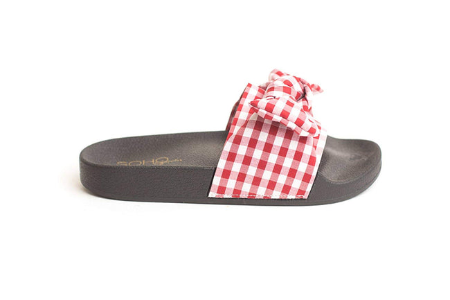 Soho Shoes Women's Casual Flat Slip on Plaid Bow Sandal