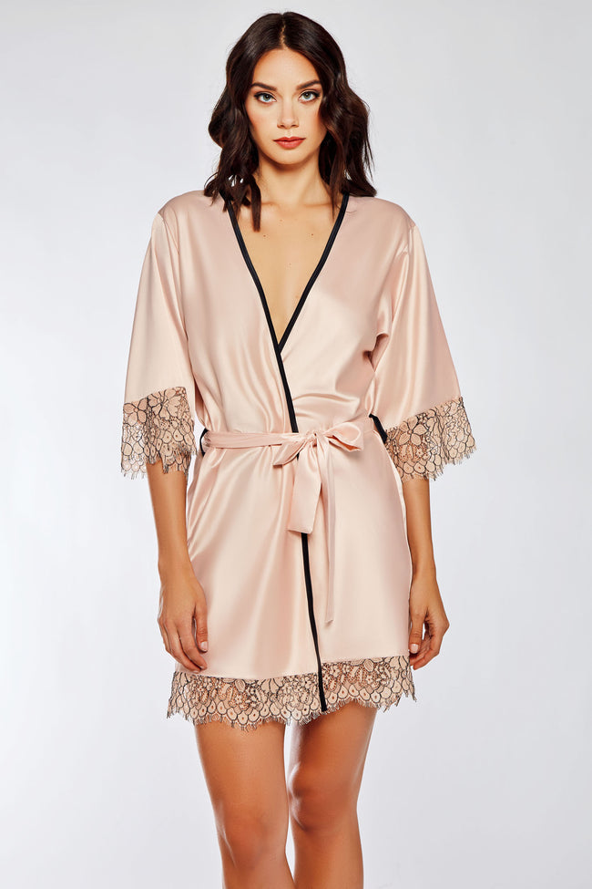 iCollection Satin & Eyelash Lace Robe - 7918