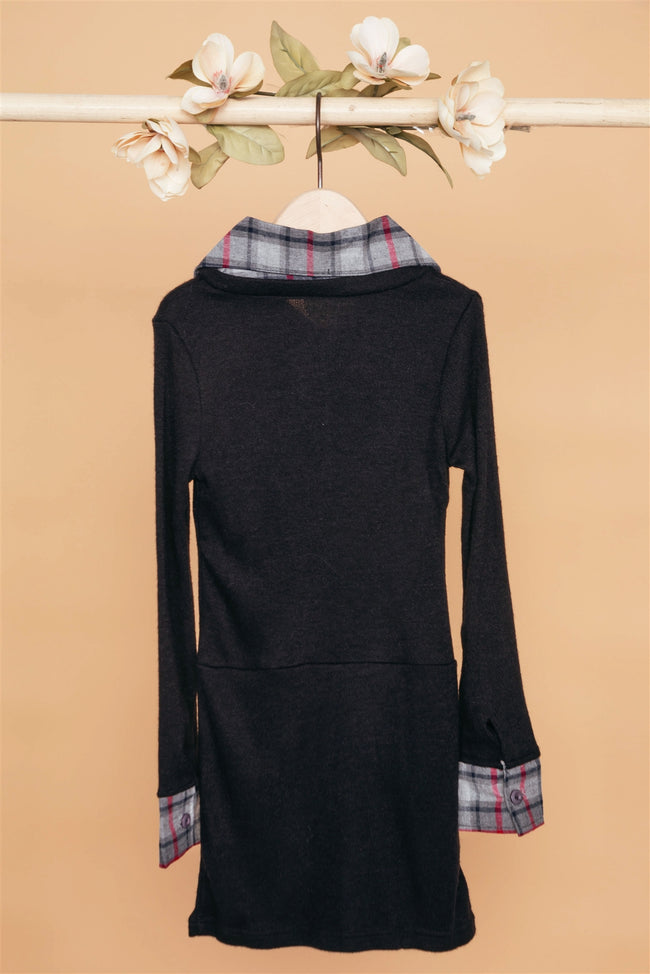 Girls Black Charcoal Combo Plaid Sweater Dress