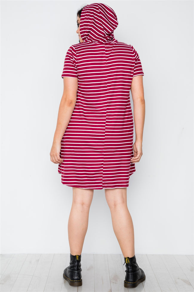Plus Size Burgundy Stripe Short Sleeve Hooded Shirt Mini Dress