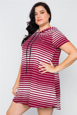 Plus Size Dark Burgundy Stripe Short Sleeve Hooded Shirt Mini Dress