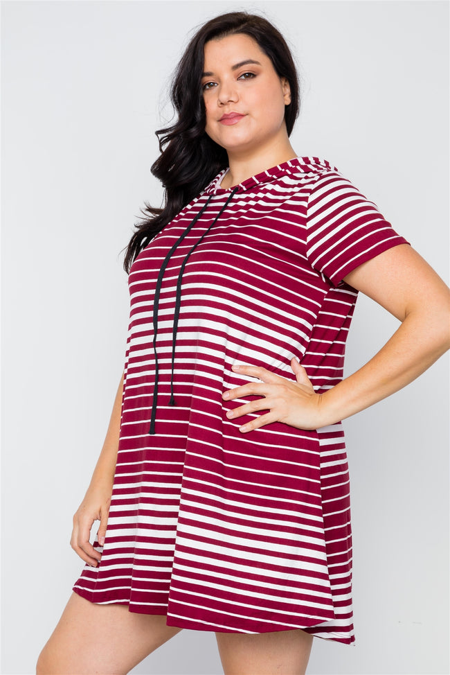 Plus Size Dark Burgundy Stripe Short Sleeve Hooded Shirt Mini Dress