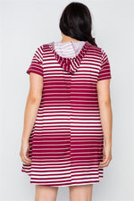 Plus Size Dark Burgundy Stripe Short Sleeve Hooded Shirt Mini Dress