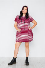 Plus Size Dark Burgundy Stripe Short Sleeve Hooded Shirt Mini Dress