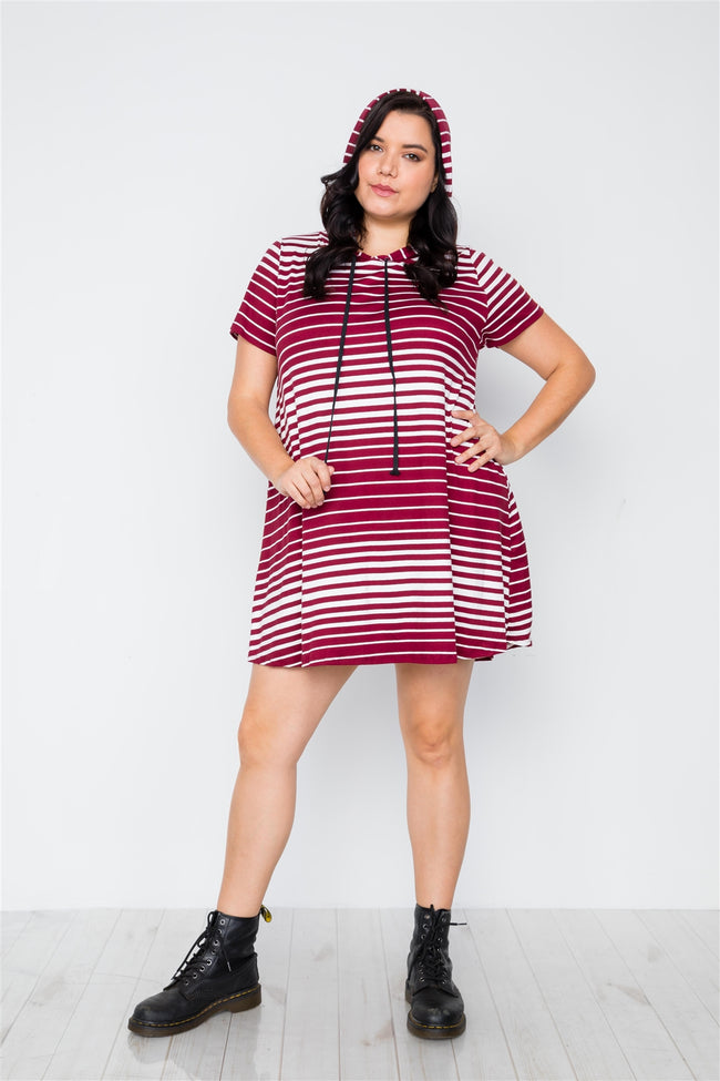 Plus Size Dark Burgundy Stripe Short Sleeve Hooded Shirt Mini Dress