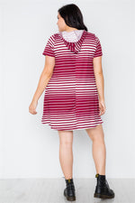 Plus Size Dark Burgundy Stripe Short Sleeve Hooded Shirt Mini Dress