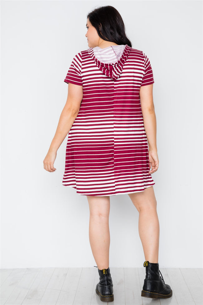 Plus Size Dark Burgundy Stripe Short Sleeve Hooded Shirt Mini Dress